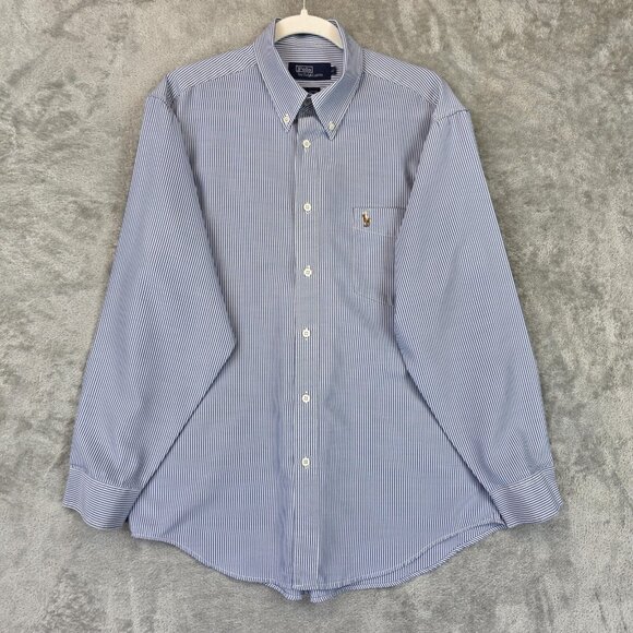 Polo Ralph Lauren Shirt Mens Large Blue White Striped Button Down Pony Logo - Picture 1 of 13
